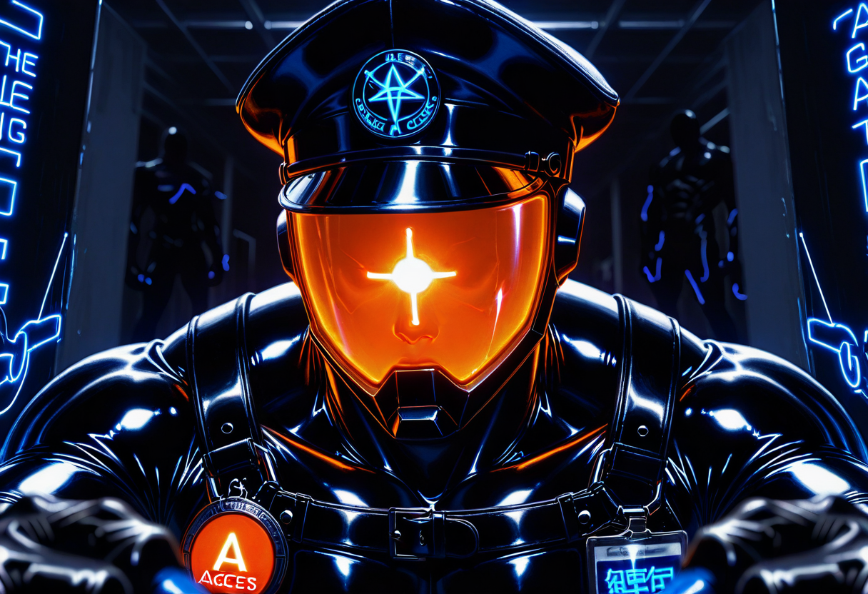 Unit #0050 presenting a glowing access badge to a newcomer at the airlock
