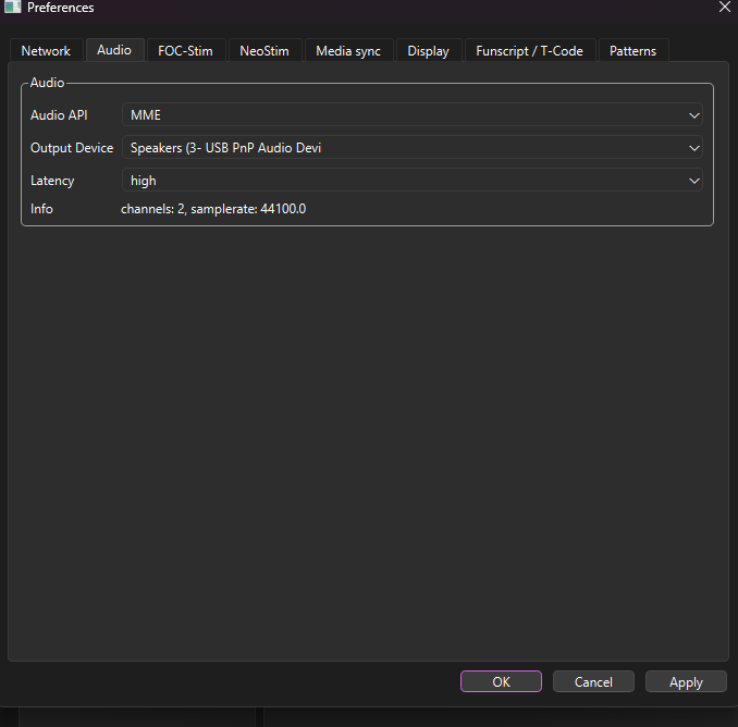 ReStim Preferences — Audio tab with the Output Device dropdown