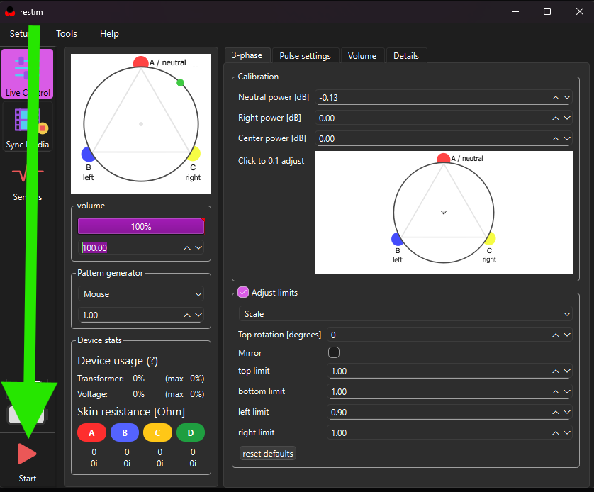 ReStim Live Control with an arrow pointing at the Start button in the bottom-left