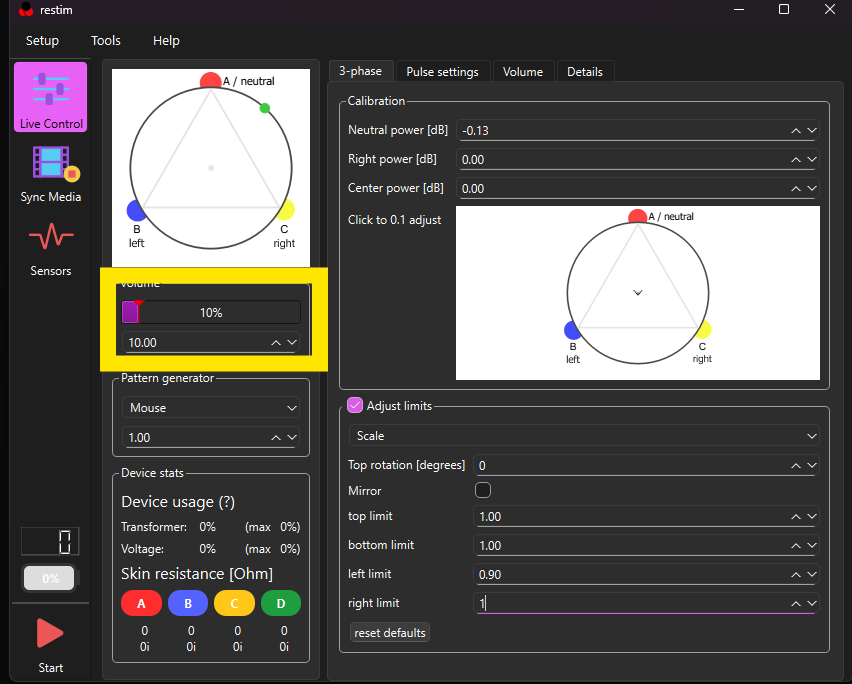 ReStim Live Control with the Volume box at the default 10%