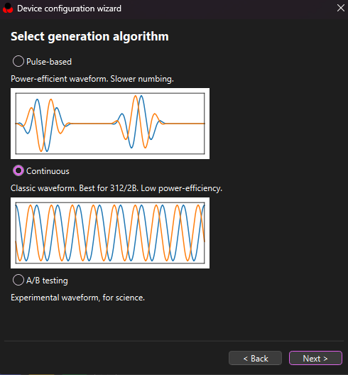 ReStim wizard — Select generation algorithm, Continuous selected