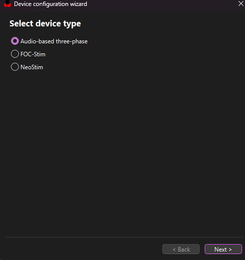 ReStim device configuration wizard — Select device type, Audio-based three-phase selected