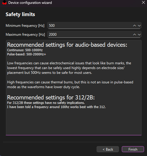 ReStim wizard — Safety limits page with recommended frequency settings